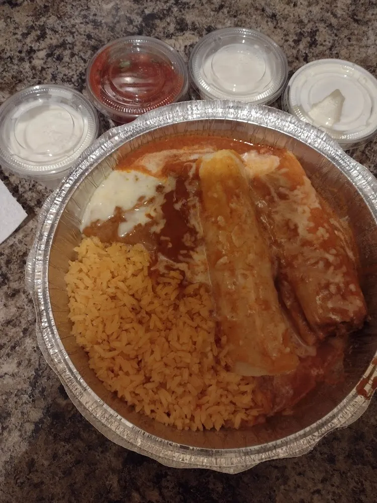 Cheese Enchilada Tamale Rice and Refried Beans Combo